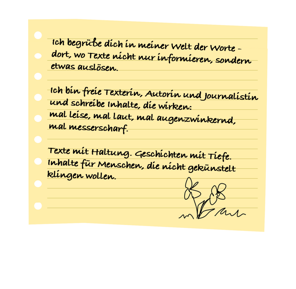 Notiz mit einem Willkommens-Text und einer kurzen Einleitung in meine Tätigkeit.
