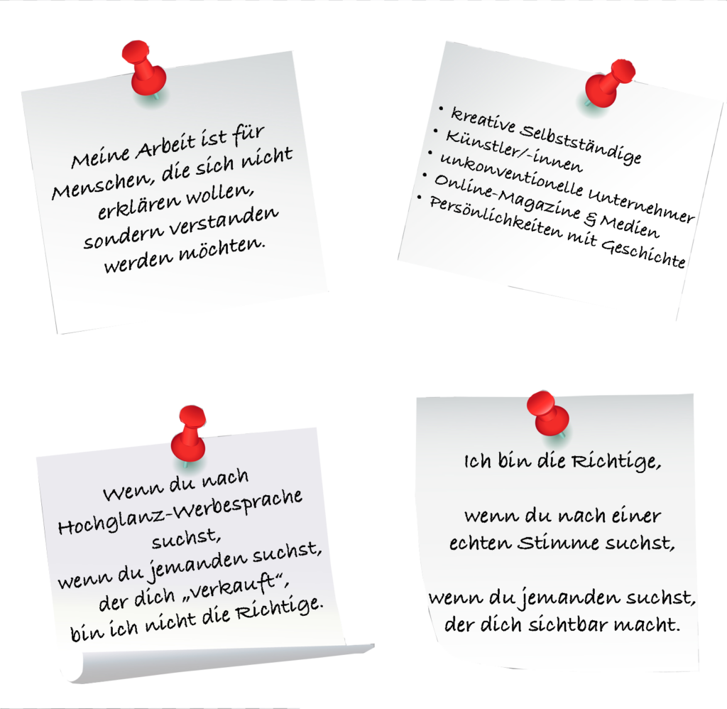 Vier Notizzettel, die erklären, für wen ich arbeite.