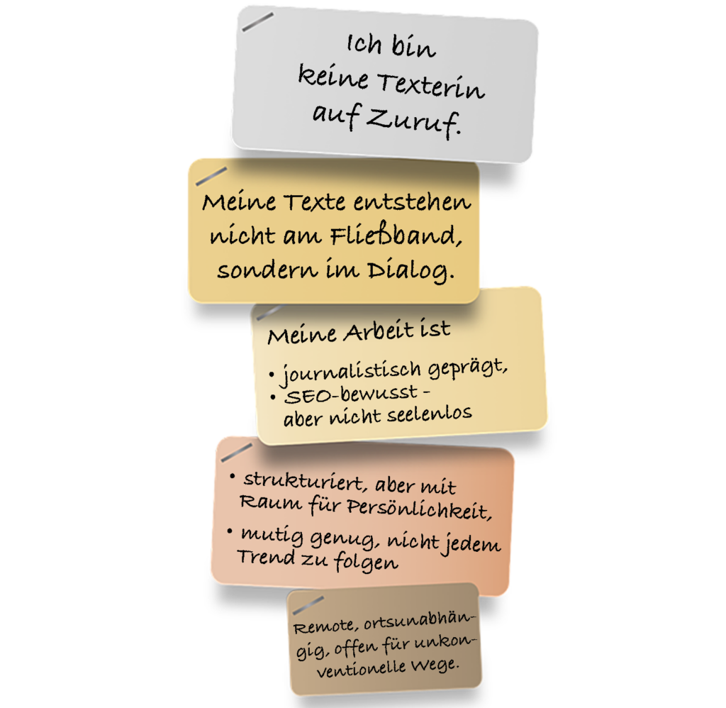 Board mit fünf Notizen über meine Arbeitsweise.